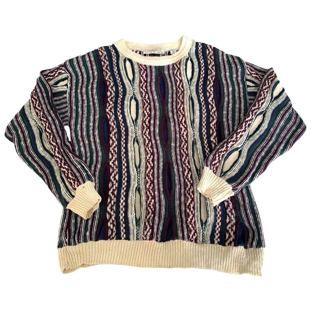 VTG 90s Sweater Men M Coogi Style 3D Knit Navy Green Textured Warm Cosby Grandpa